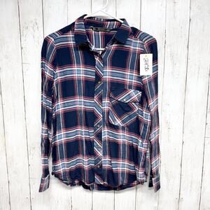 Zara Trafaluc Shirt Women Size Small Navy Plaid Collared Long Sleeve Button Down